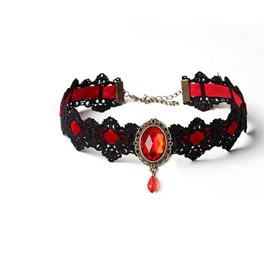 Lace Gothic Choker Necklace with Rhinestones - Victorian Style Collar Jewelry