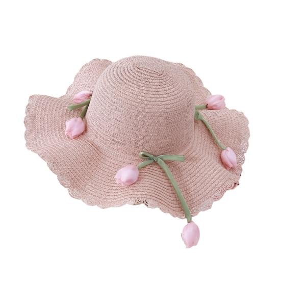 

Beach Hat Wave Lace Trim Design Tulip Bow Decor Full Face Sun Protection Large Brim UV Blocking Summer Straw Hat світло-рожевий колір