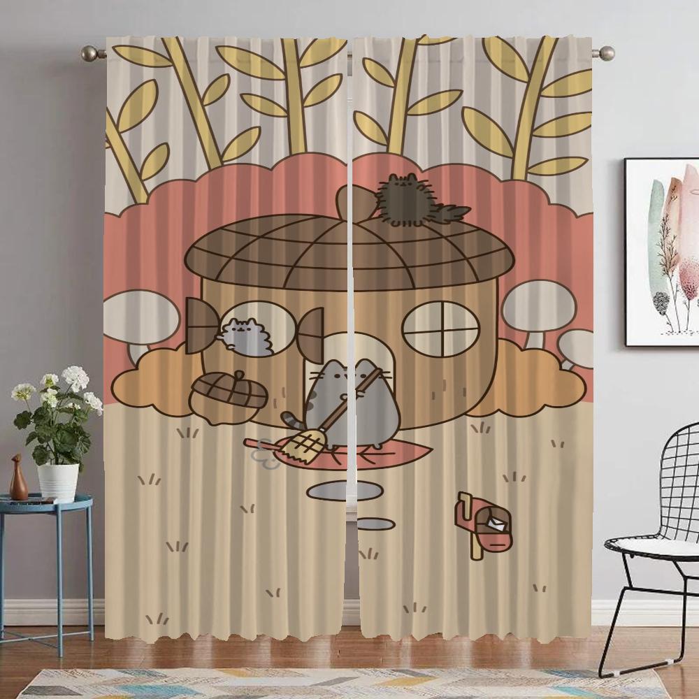 Kitchen Curtains 2 Pieces Pusheens Curtains for Bedroom Living Room Curtain Halloween Decoration Partition Shades Blackout Child