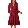 Women's V-Neck Flowing Layered Bohemian Long-sleeved Solid Colour Dress