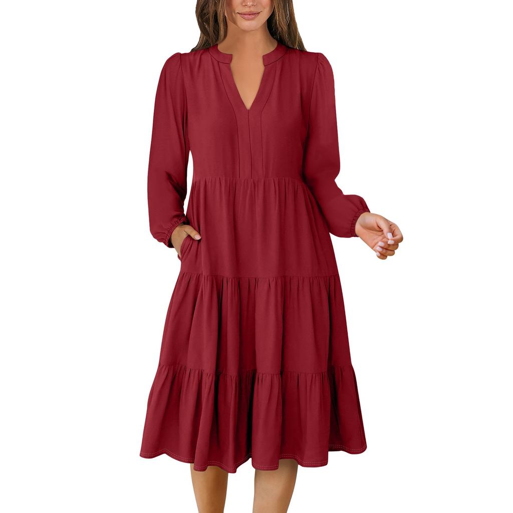 Women's V-Neck Flowing Layered Bohemian Long-sleeved Solid Colour Dress