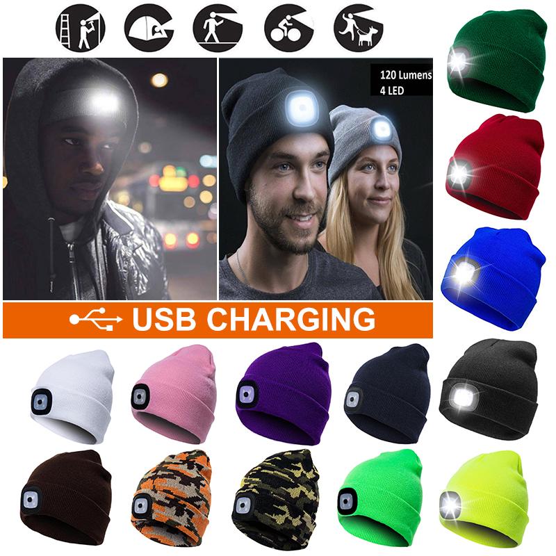 Multifunctional LED Beanie Hat USB Rechargeable Headlight for Winter Outdoor Activities Night Running Safety Light