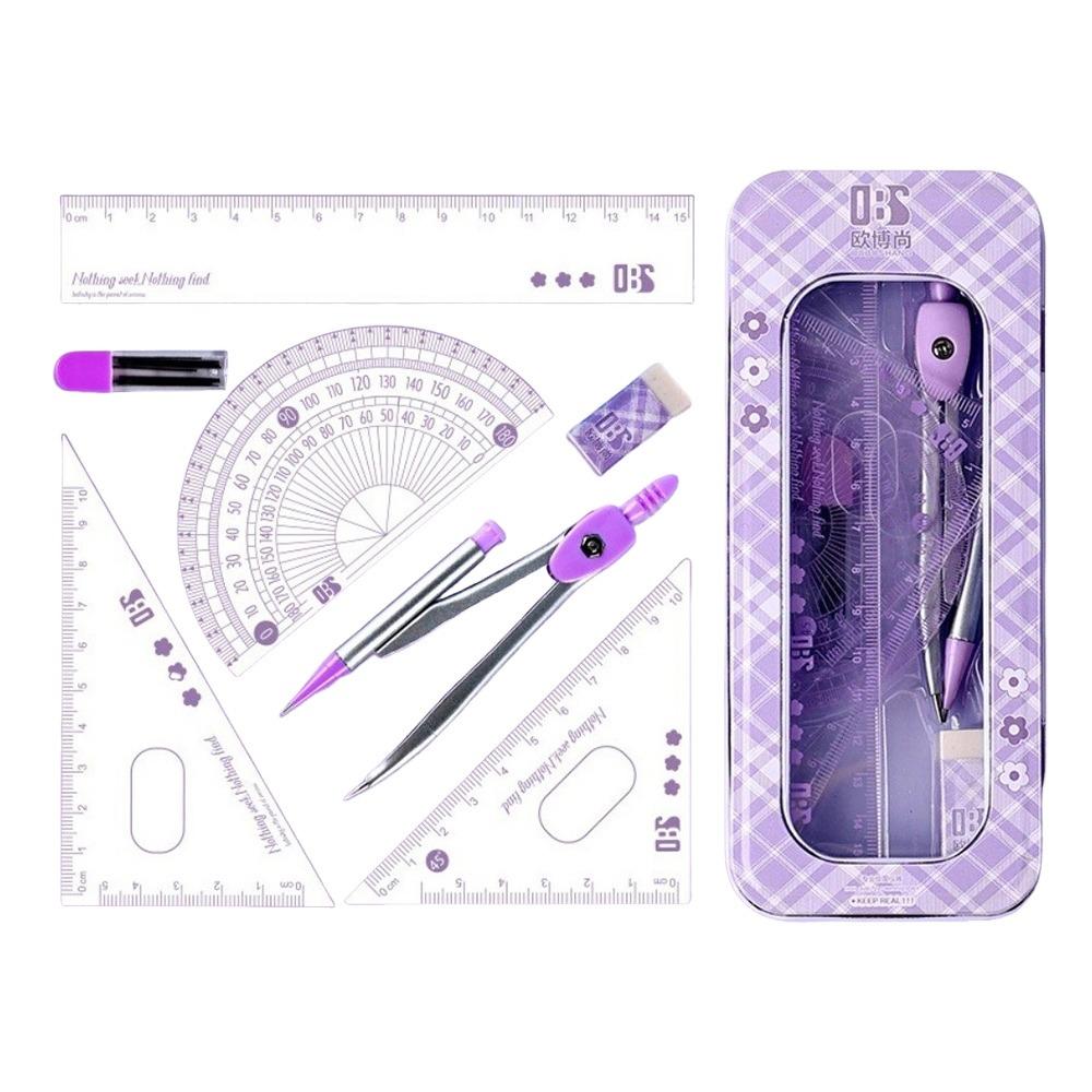 8PCS Eraser Protractor Plastic Triangle Ruler Portable Ruler Compasses Set  School Office