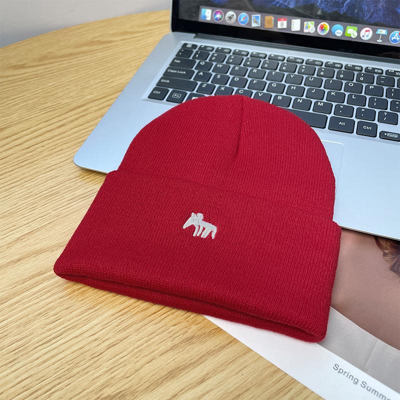 Embroidered Fox Wool Hat for Men, Small Face In Autumn and Winter, Warm Ear Protection, Knitted Hat, Fashionable Versatile Melon Fur Hat for Women