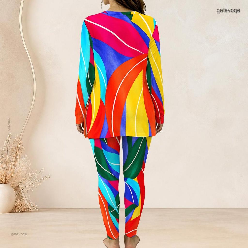 Women Plus Size Colorful Geometric Printed Half Zip Long Sleeve Long Top Fitted Pants Two Piece Set
