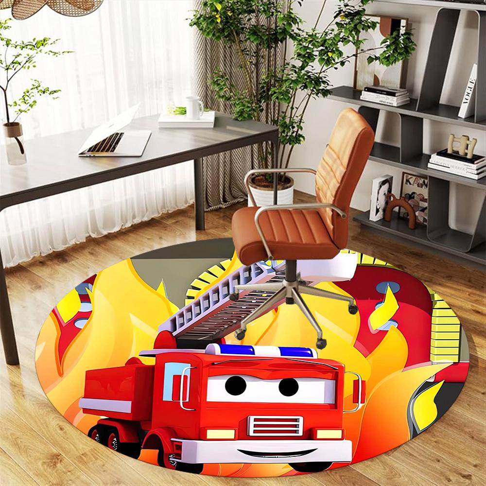 1pc Fire Truck, Flames Round Chair mat Area Rug - Non-Slip, Floor Mat for Office, Bedroom, Ideal home decor Christmas Gift p0811461