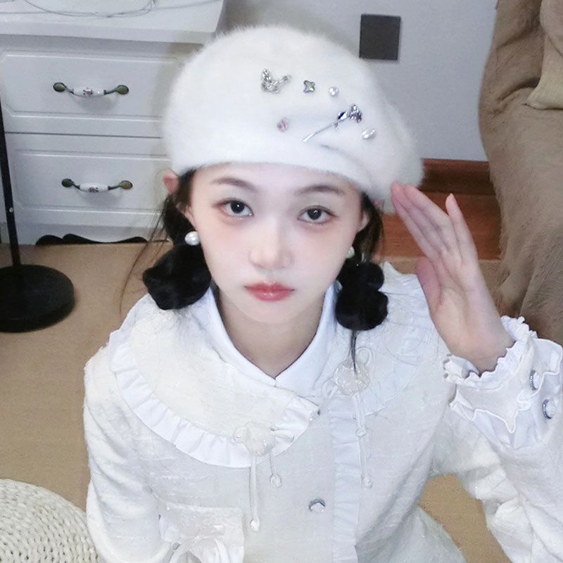 Rabbit Fur Plush Beret Female Winter Fashion Painter Hat Sweet Temperament Small Bud Hat