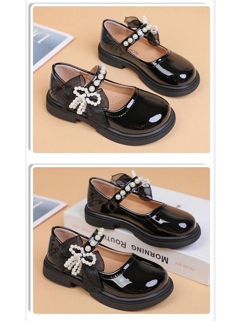 Girls' Pearl Bow Princess Shoes - Spring/Autumn Fashionable Leather, Korean & British Style, Casual & Performance Wear