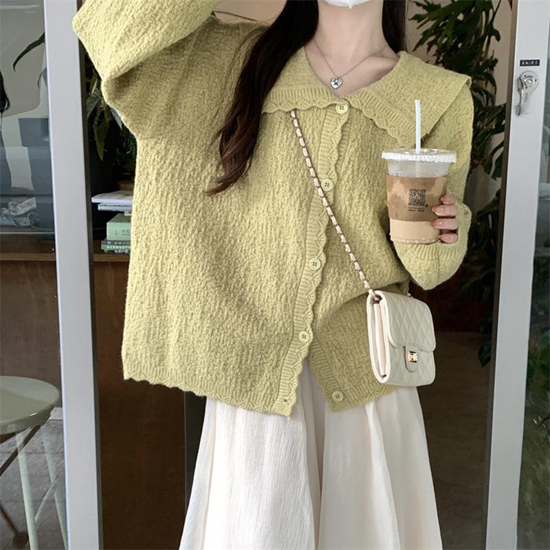 

Loose and lazy wind soft waxy sweater jacket women s autumn and winter new solid color simple lapel knitted cardigan top One size желто-зеленый