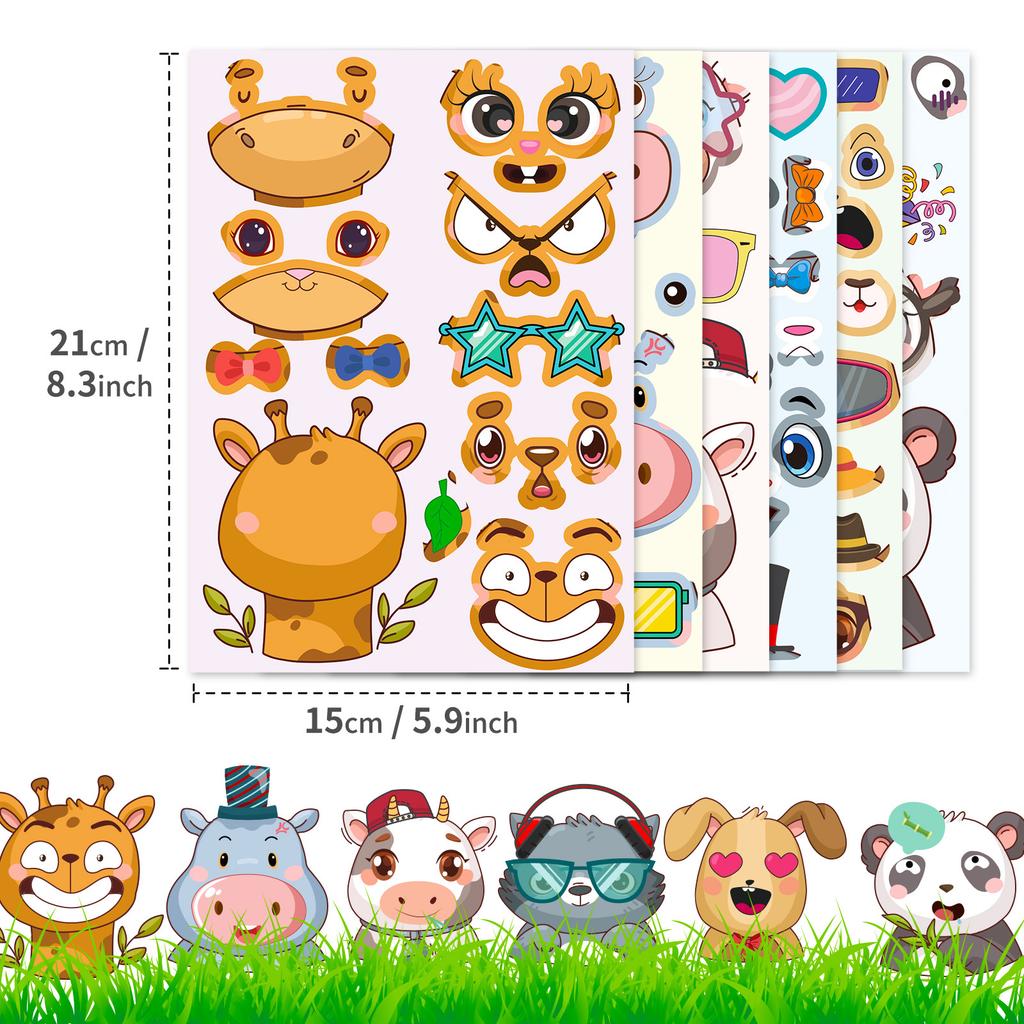 6 Pictures/pack of Beautiful Animals Hippo Cow Giraffe Cartoon Collage Children's Education Decoration Stickers