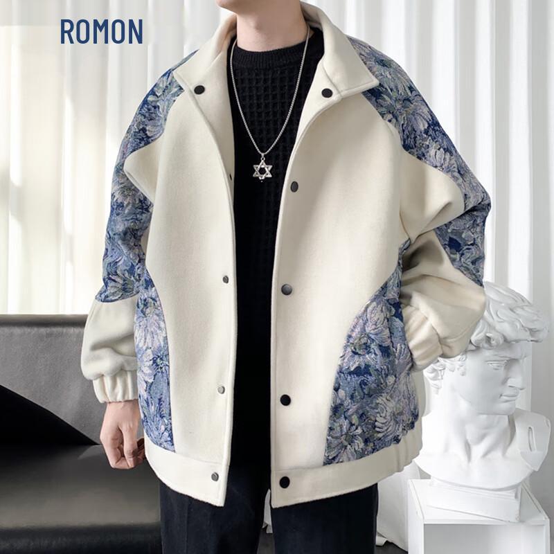 ROMON Men's Autumn/Winter Embroidered Wool-Feel Jacket
