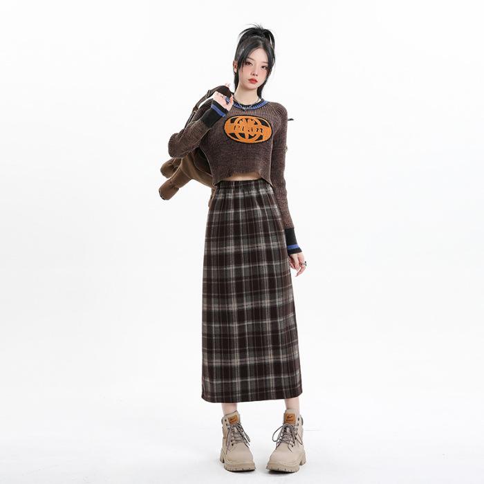 Women s Autumn Winter Woolen Plaid Slimming Half Skirt with Velvet - Mid-Length Versatile Style Large