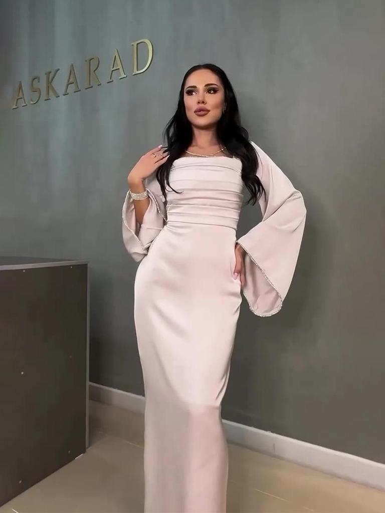 Slim Satin Rhinestone Dress: European & American Style, Long-Sleeved, Tie-Up, 2024 Autumn Women's Fashion.