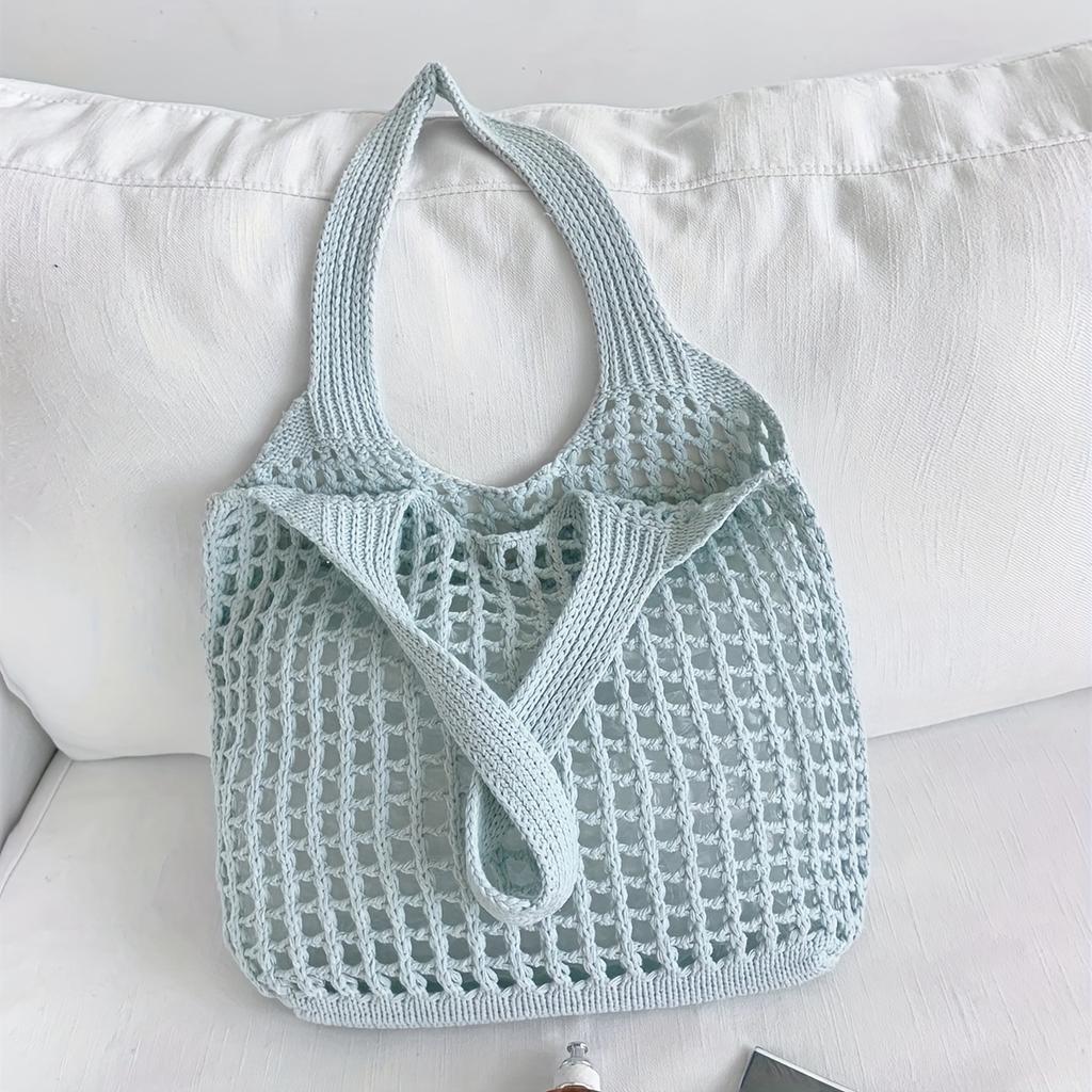 Lightweight Women's Minimalist Crochet Tote Bag Large Capacity Hollow Out Woven Design, Durable Fabric with Fixed Shoulder Strap