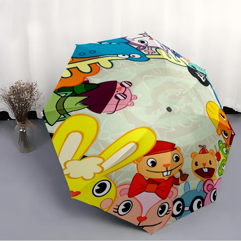 Happy Tree Friends3 Print Automatic Umbrella, 8 Rib Iron Frame, Plastic Handle, Suitable for Outdoor Travel &Daily , Ideal Gift