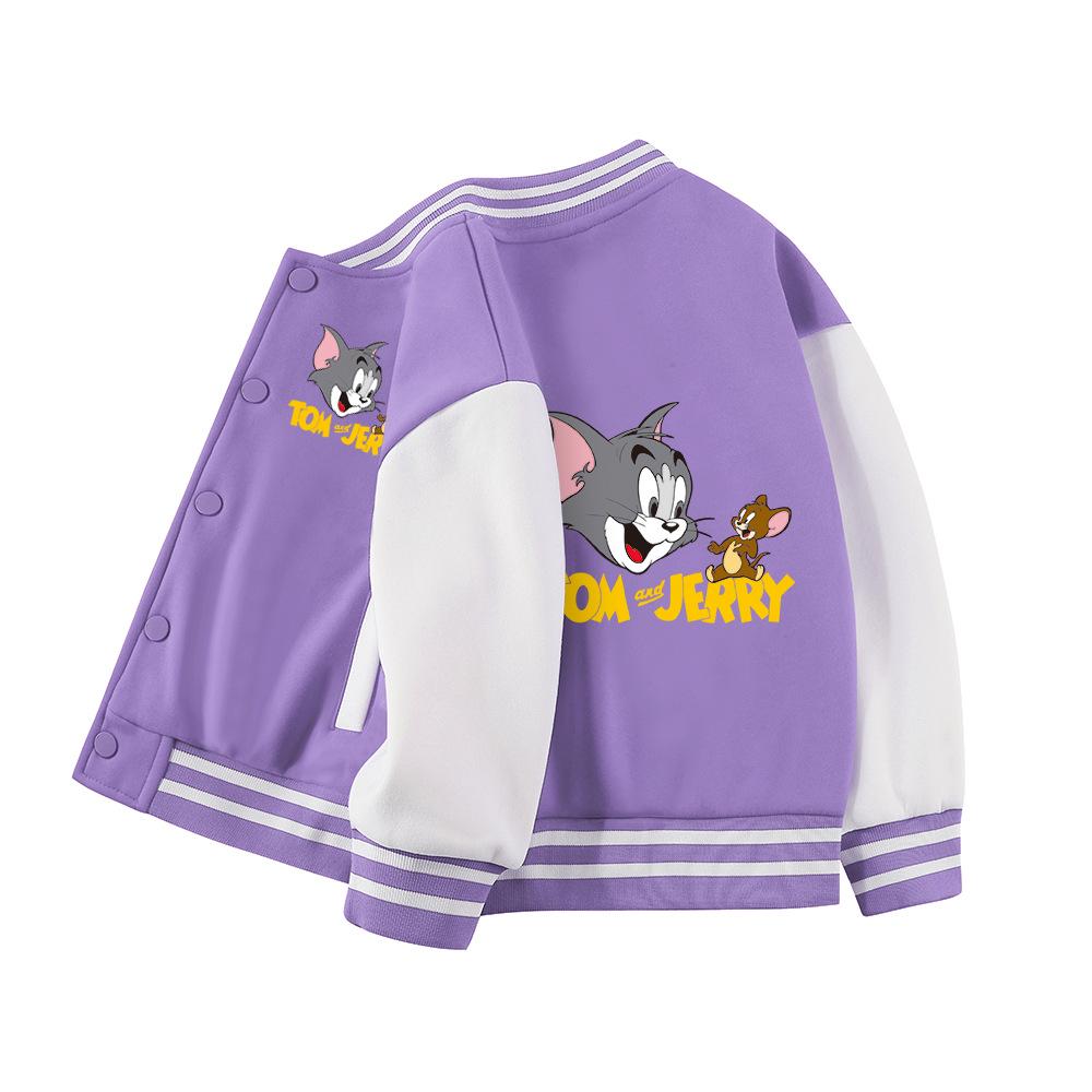 Tom and Jerry Thickened Boys' Baseball Jackets - Velvet Lined, Spring/Autumn Casual Wear