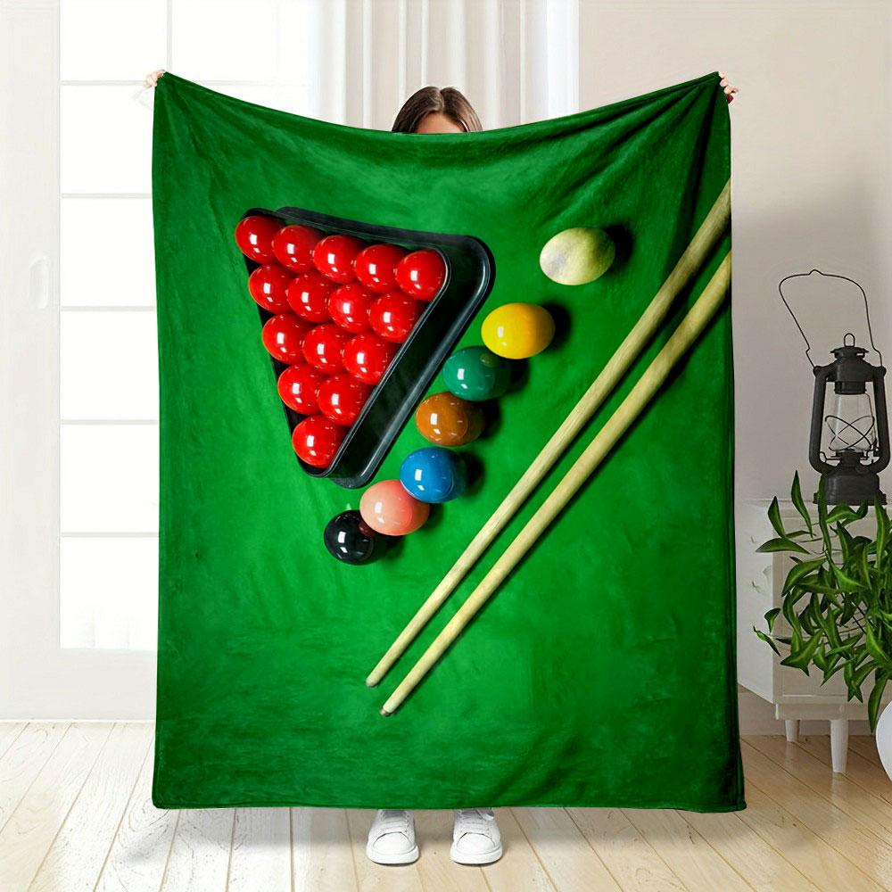 A Triangle of Red Snooker Balls, Colored Balls, Cues, and a Green Table. for All Seasons Blanket Lunch Break Throw Gift