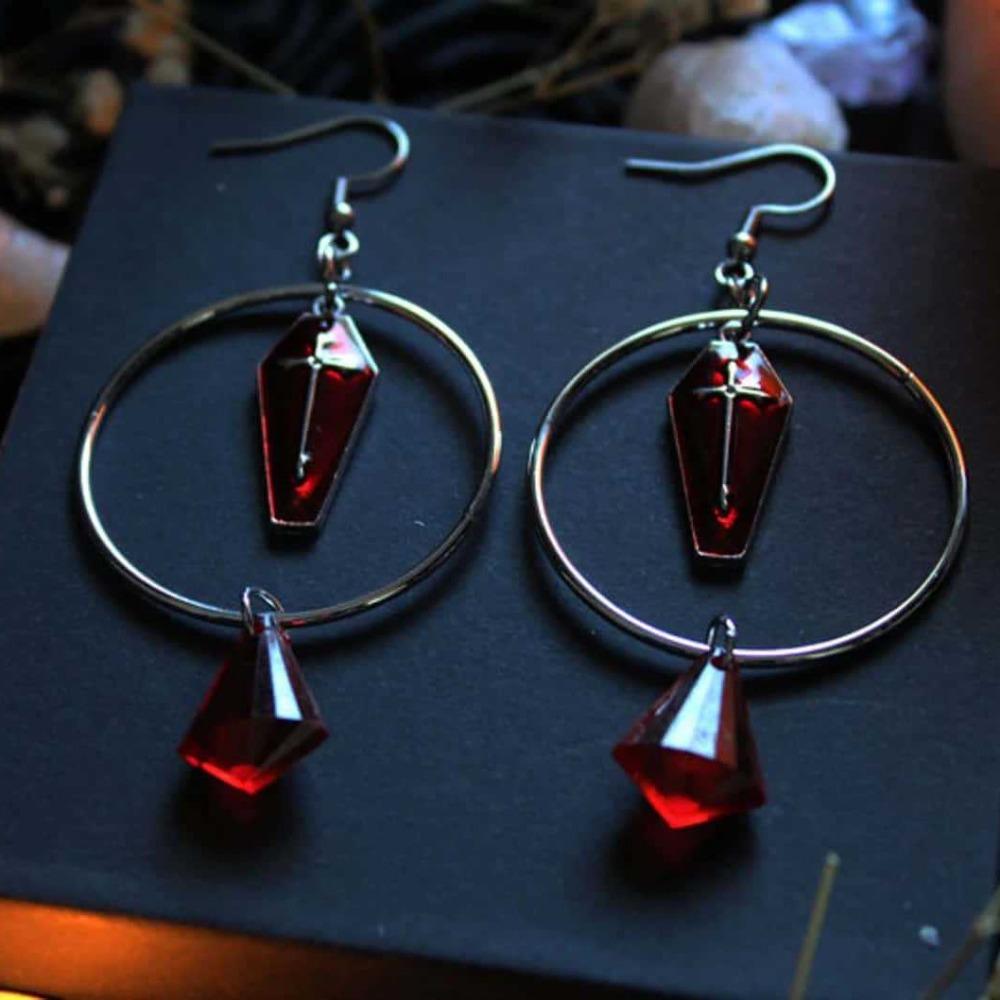 Mystic Goth Red Coffin Cross Water Drop Red Crystal Circular Dangle Earrings for Women Men Hallowmas Party Aesthetic Jewelry