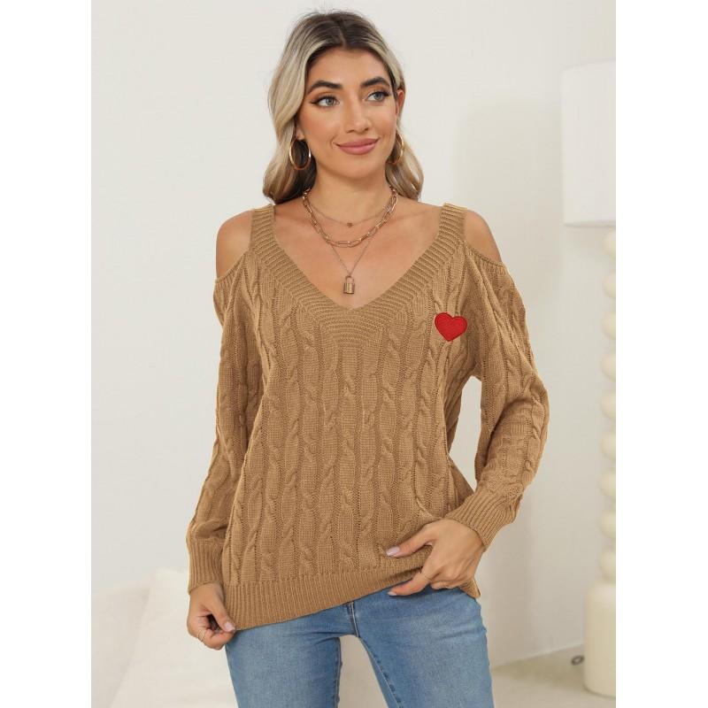 Womens V-Neck Sweater Long Sleeve Loose Fit Woven Winter Sexy Off Shoulder Heart Multi-color Street