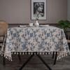 Blue & White Porcelain Retro Cotton Linen Tablecloth with Yellow Tassels