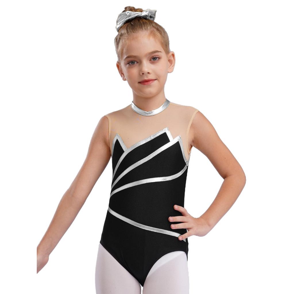 Girls Gymnastics Leotard: Metallic Striped Sheer Mesh Patchwork Keyhole Back Sleeveless Bodysuit for Dance Performance