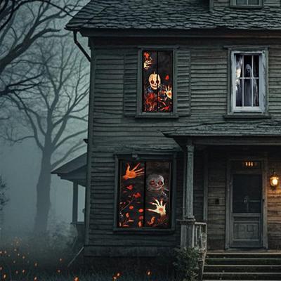 2Pcs Door And Window Curtain Background Hanging Cloth Horror Ghosts Window Silhouette for Halloween Terrify Party Hanging Decor