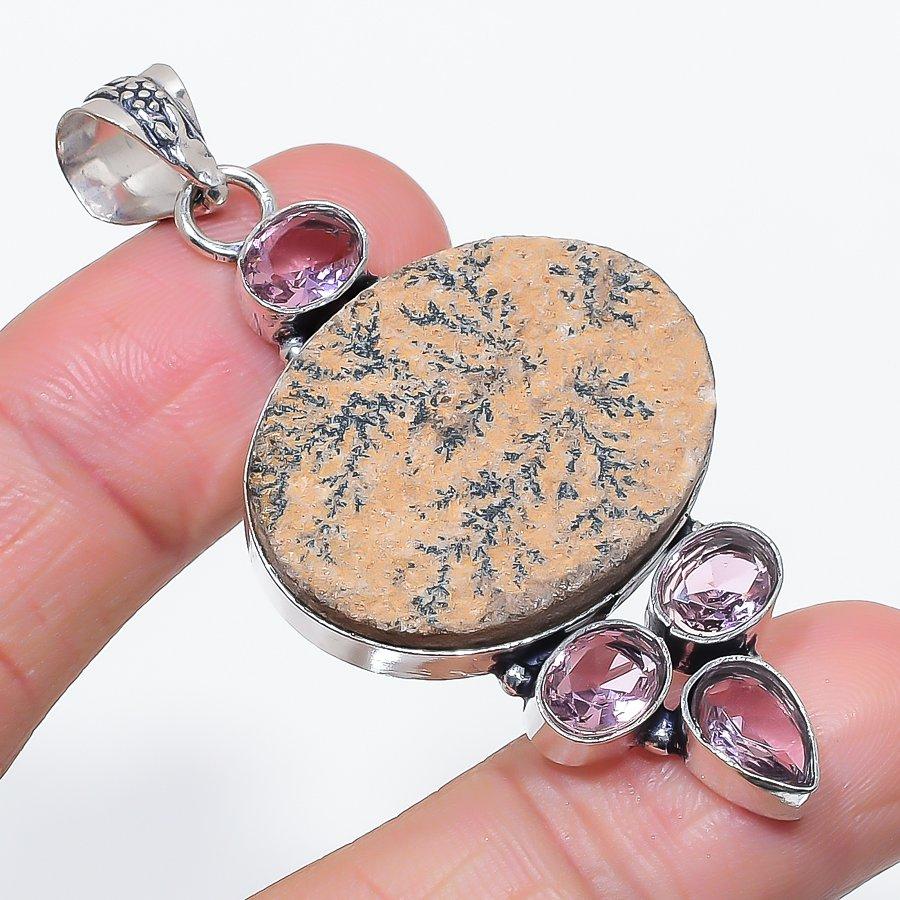 Natural Psilomelane Dendritic, Kunzite 925 Sterling Silver Pendant 2.48" m5w71