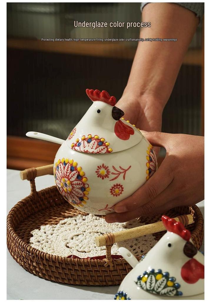Ceramic Chick Spice Jar with Lid & Spoon - Moisture-Proof, High-End Kitchen Salt & Chili Shaker.