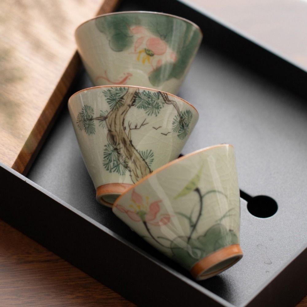 Chinese Kung Fu Tea Cup Lotus Graphic Tea Tasting Cups Assorted Color Ge Kiln Ceramic Tea Cup  Gift