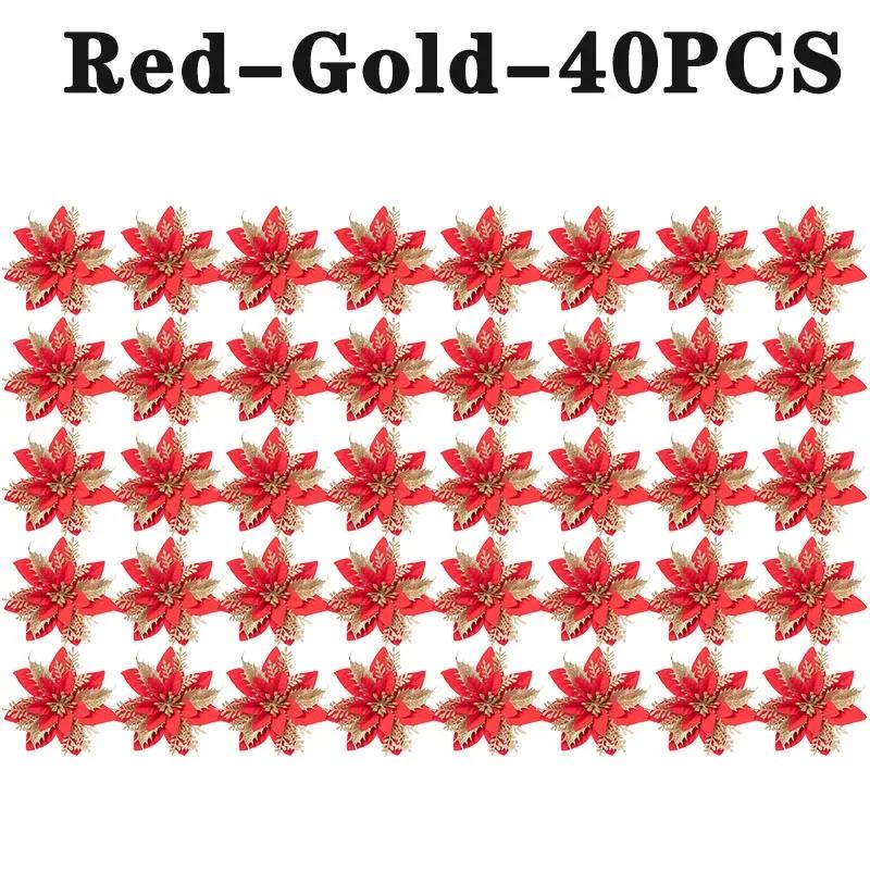 Glitter Christmas Poinsettia Flower Decoration Double Layer Gold Glitter Sparkle Holly Artificial Flower for Xmas Tree Ornaments