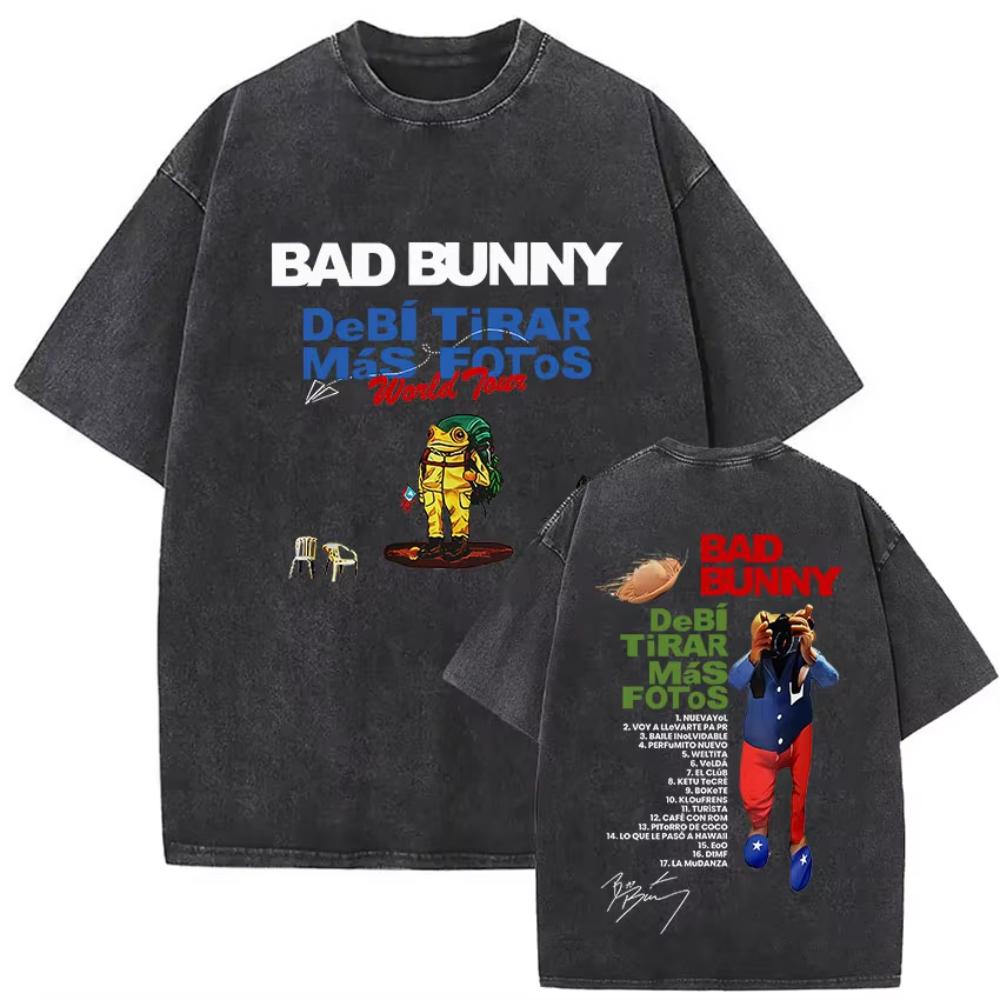 s Vintage Washed Bad Bunny Album T Shirt Mens Gothic Hip Hop Short Sleeve Tshirts Pop Fashion Casual Tshirt Streetwear