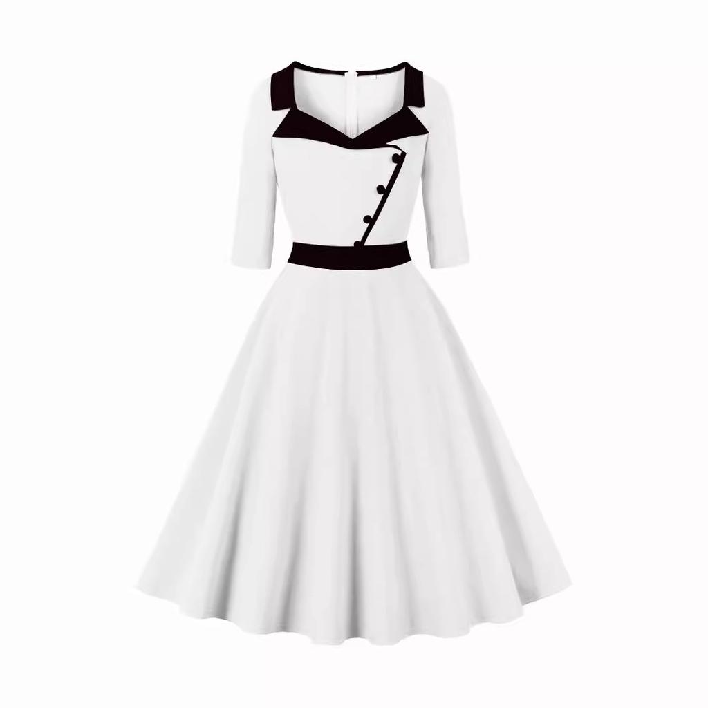 Frühlingsstil Anzugkragen Patchwork mit Dreiviertelärmeln, Tailliert zur Betonung der Figur, Großes Schwingkleid