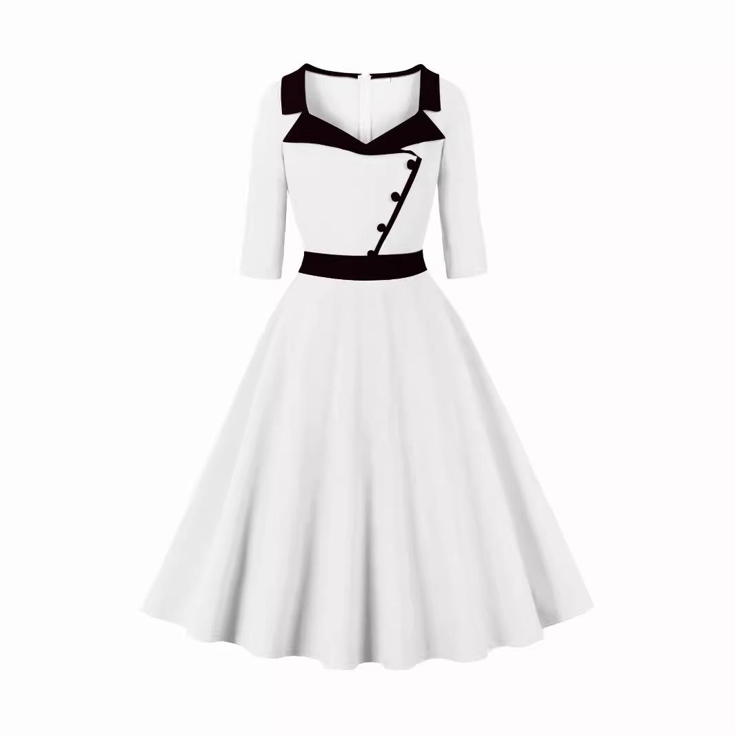 

Spring Style Suit Collar Patchwork with Three Quarter Sleeves, Cinched Waist To Show Off Weight, Big Swing Dress XXL білий