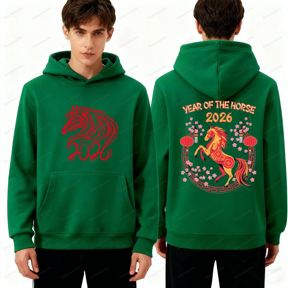 Men Double-Sided Hoodie 2026 Chinese New Year Fire Horse Pattern Sweatshirt Streetwear Clothing for Men Year of the Horse Them