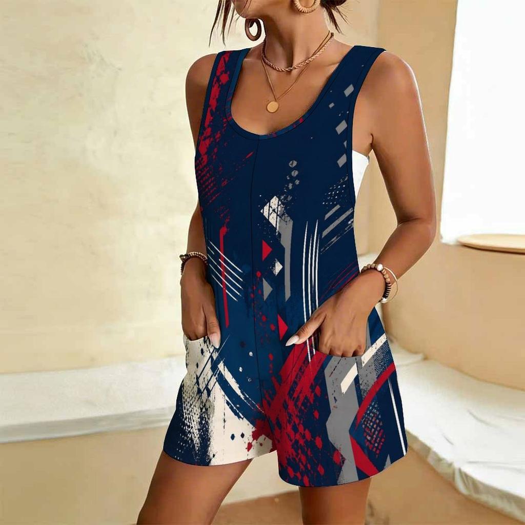 Women Plus Size Sleeveless Scoop Neck Star Printed Red Blue Silver Loose Romper Shorts With Pockets