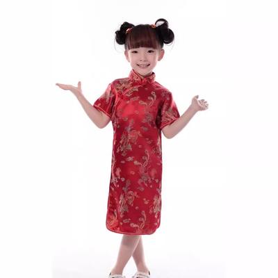 Girls' Ethnic Summer Dragon & Phoenix Tang Suit Qipao Performance Dress - Red