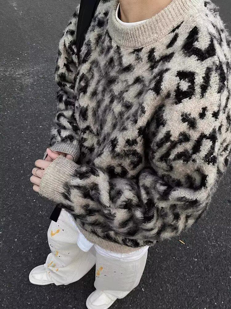Men's Retro Leopard Print Sweater - High-End Color Block Knitwear