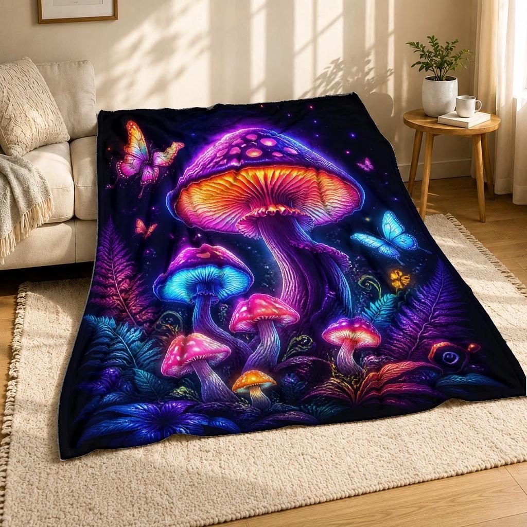Neon Mushroom Forest Coral Fleece Blanket Psychedelic Nature