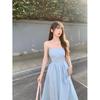 Summer 2026 New Pure Desire Blue Suspender Dress Women's Waist and Thin Temperament Lace-up Backless A-word Long Dress