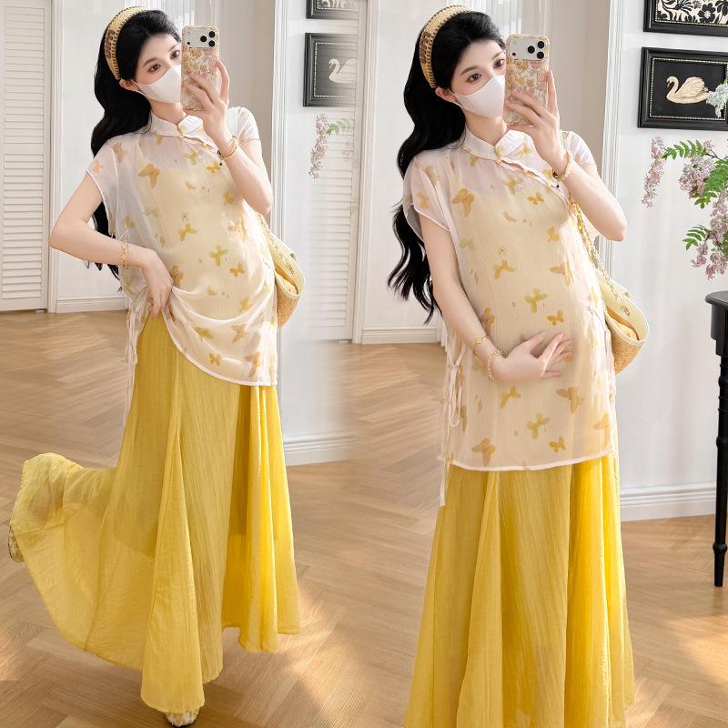 

2026 New Summer Tencel Maternity Two-Piece Set: Chinese Style Outerwear & Camisole Dress Plus Size M светло-желтого