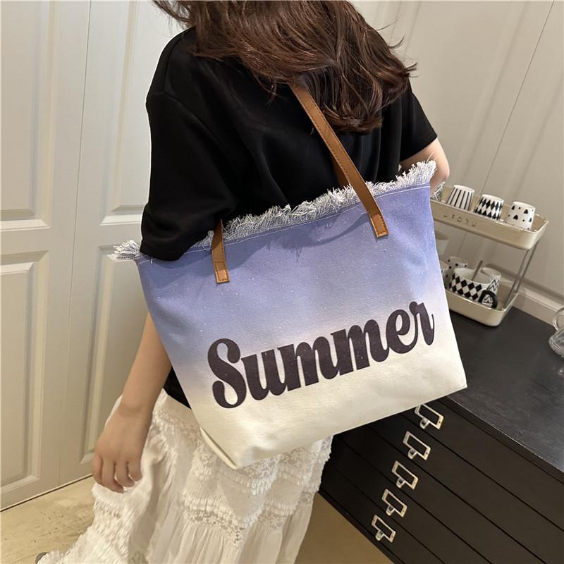 Summer Large Capacity Women Canvas Shoulder Bags Casual Tassel Design Ladies Beach Tote Bag Ctrast Color Letter Female Handbag