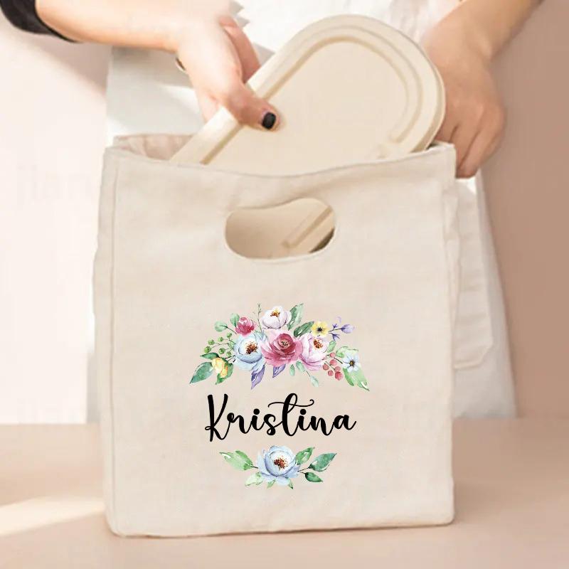 Flower Customized Canvas Handbag Vintage Travel Camping Lunch Bag Personalized Name Storage Lunch Box Large Capacity Cooler Bags