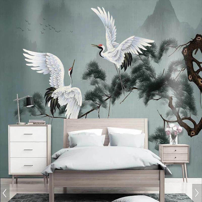 Custom 3D Mural Chinoiserie Wallpaper Pines And Red-crowned Cranes Wall Painting Wall Papers For Living Room Sofa TV Background