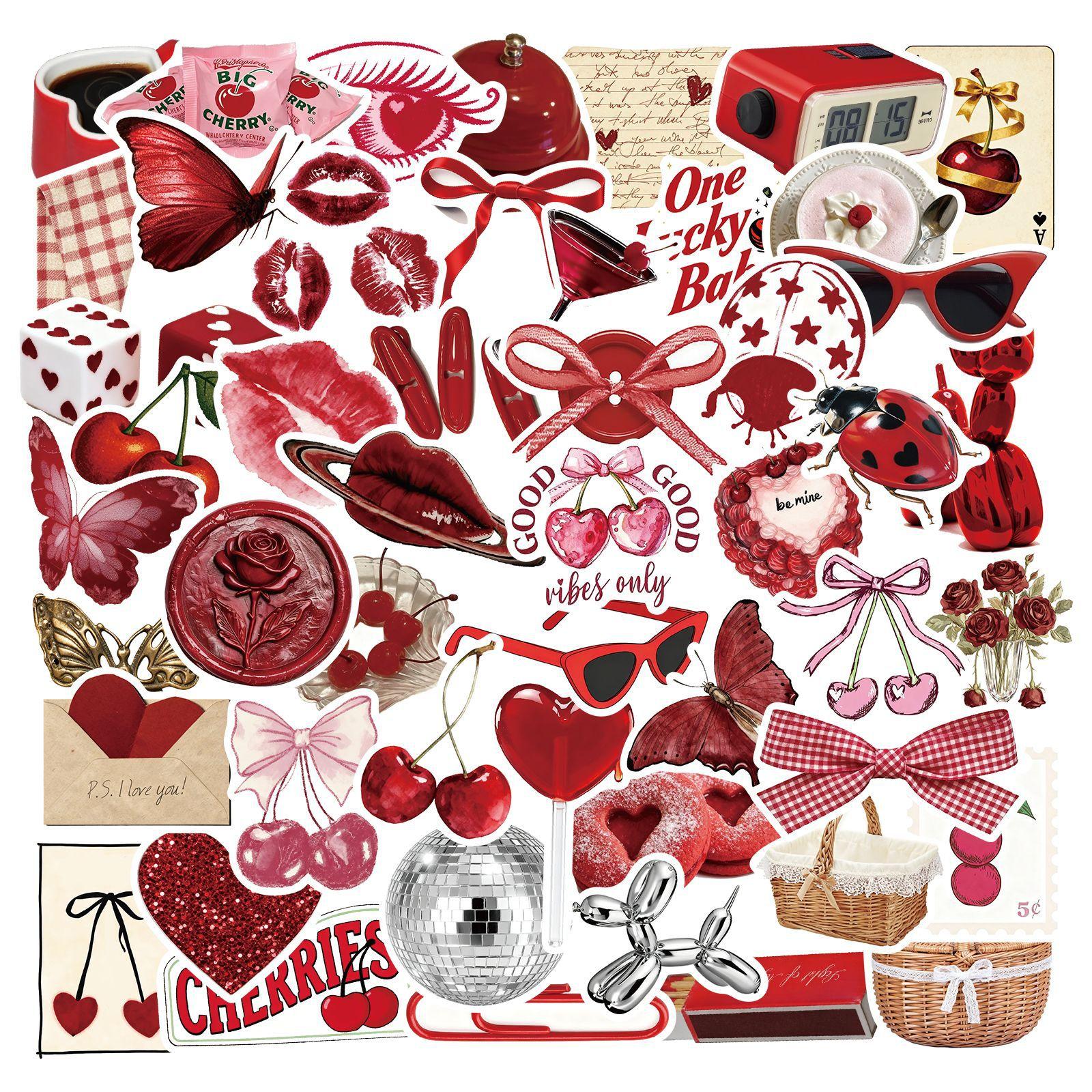 

50pcs Matte Cherry Colored Stickers, Suitable for Plastic, Glass, Metal, Irregular Shapes - Phone Cases, Laptops, Water Bottles