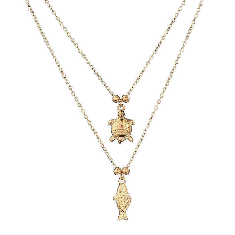 Ocean Series Titanium Steel Sea Turtle & Fish Two-Layer Necklace for Women