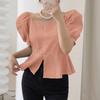 ZANZEA Womens Casual Round Neck Puff Sleeve Solid Color Loose Blouse