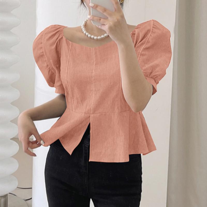 ZANZEA Womens Casual Round Neck Puff Sleeve Solid Color Loose Blouse