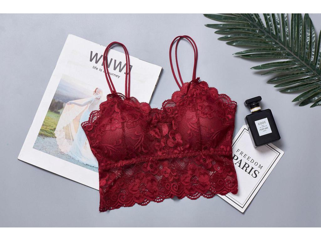 Damski koronkowy biustonosz bandeau plus size z wkładkami i ramiączkami spaghetti - Bezramiączkowa koszulka camisole na piękne plecy