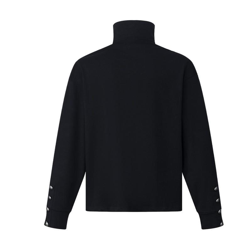 Mens Retro American Style Zip-Up Hoodless Sweatshirt With Letter Print Stand Collar Aircraft Snap Long Sleeve Loose Fit