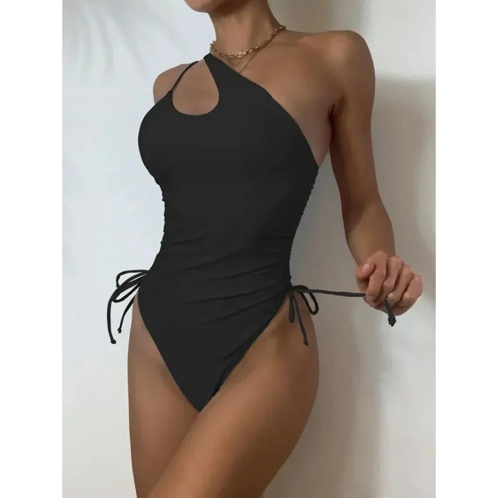 Fashion Solid Deep V Neck One Piece Swimsuit Women Yellow White Hollow Out Pleate Swimwear Beach Bandage Bathing Suit Monokini